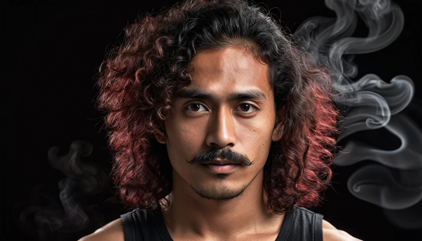 hyper realistic image ,ultra detail,Indonesian man,long wavy curly hair that falls to the shoulders,thin mustache,big eyes,wearing a black singlet,half body,face looking focused at camera,black gradient background ,rustic red,smoke effect,ultrahd,image quality,perfect skin,