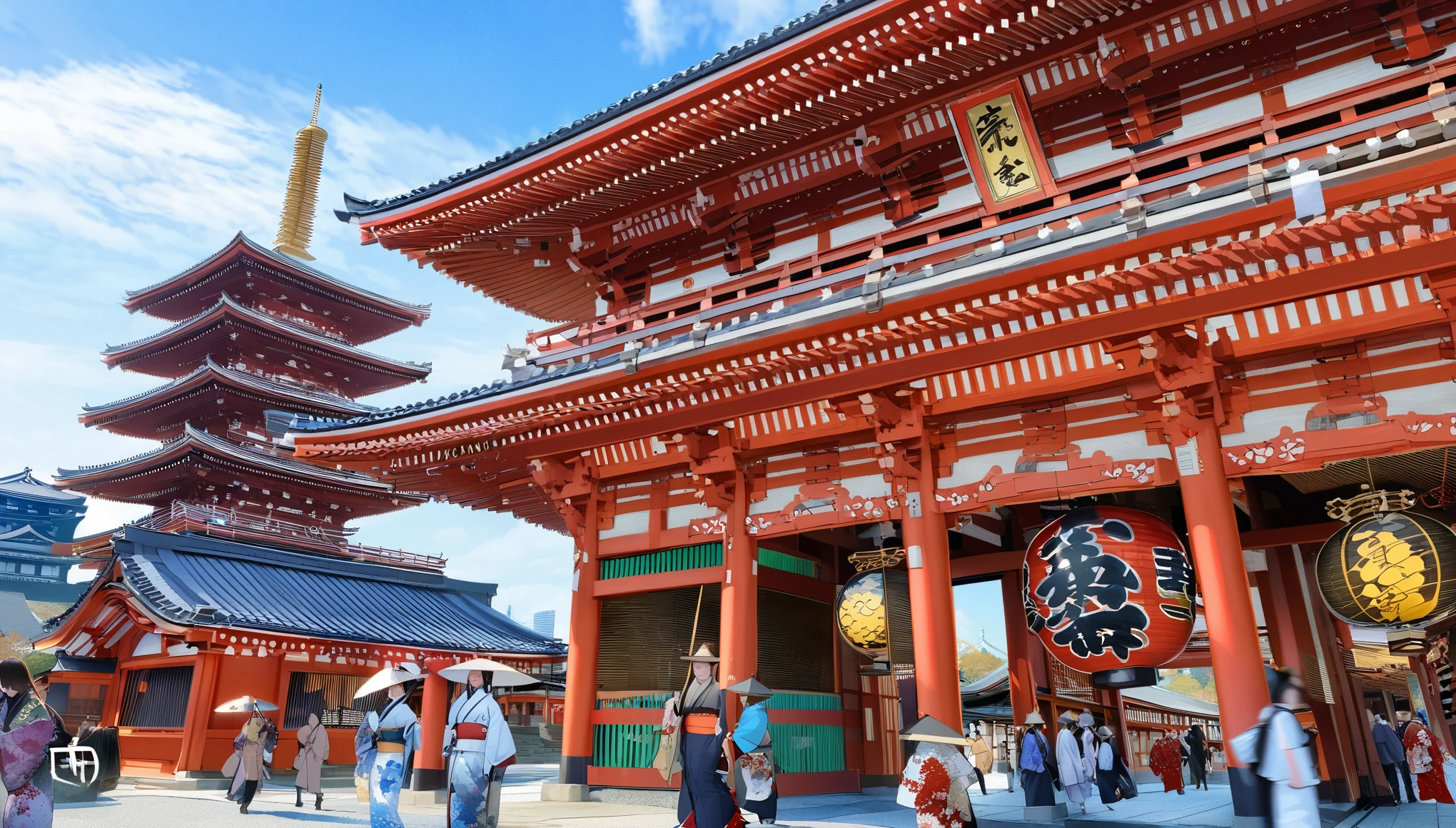 people々are walking around a big red building with a pagoda in the background, Japan travel and tourism, Japan sightseeing, Japan deeper travel exploration, Japanese temples, ancient Japanese architecture, Japan travel and adventure, Japanese temple, Tokyo, Tokyo Japan, Japanese city, Japanese architecture, feudal Japan, Japanese heritage, Japanese shrine, Kyoto, Tokyo prefecture, trend ，, Japan, traditional Japanese