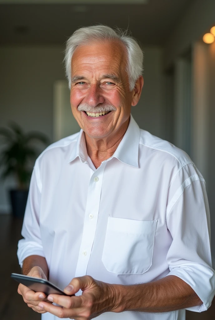 happy elderly man facing left in white shirt with cell phone in hand