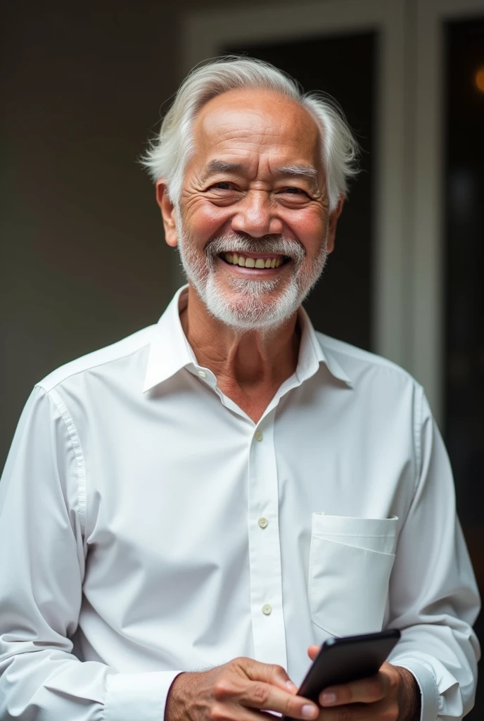 happy elderly man facing left in white shirt with cell phone in hand
