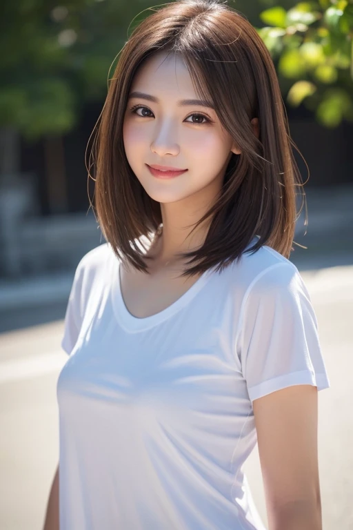 dress、(Photorealistic:1.4)、(hyper Realistic:1.4)、(Realistic:1.3)、(Smooth lighting:1.05)、(映画の照明Improvement of quality:0.9)、32K、One Girl、20-year-old girl、Realistic lighting、Backlight、Facial Light、Ray-tracing、(Bright light:1.2)、(Improvement of quality:1.4)、(Highest Quality Real Texture Skins:1.4)、Finely grained、Detailed painted face、Quality Eyes、(tired, Sleepy and satisfied:0.0)、 White T-shirt、(Enhance the mood of your body line:1.1)、(Enhances the beauty of skin texture:1.1)、((My Imada))、Specific Background、Medium length hair with even shape on both sides、smile、While walking