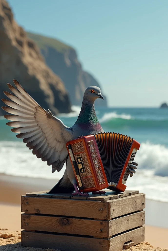 grey pigeon playing the accordion on the seashore, realistic image