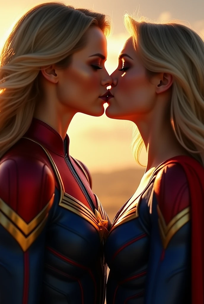 A stunning portrait of Captain Marvel and Supergirl touching each others breasts, kissing, French kissing, tongues touching, they are kissing, young and beautiful, hyper realistic, real portrait, backlit, exquisite features, cleavage, ecstasy, super girl:1.3