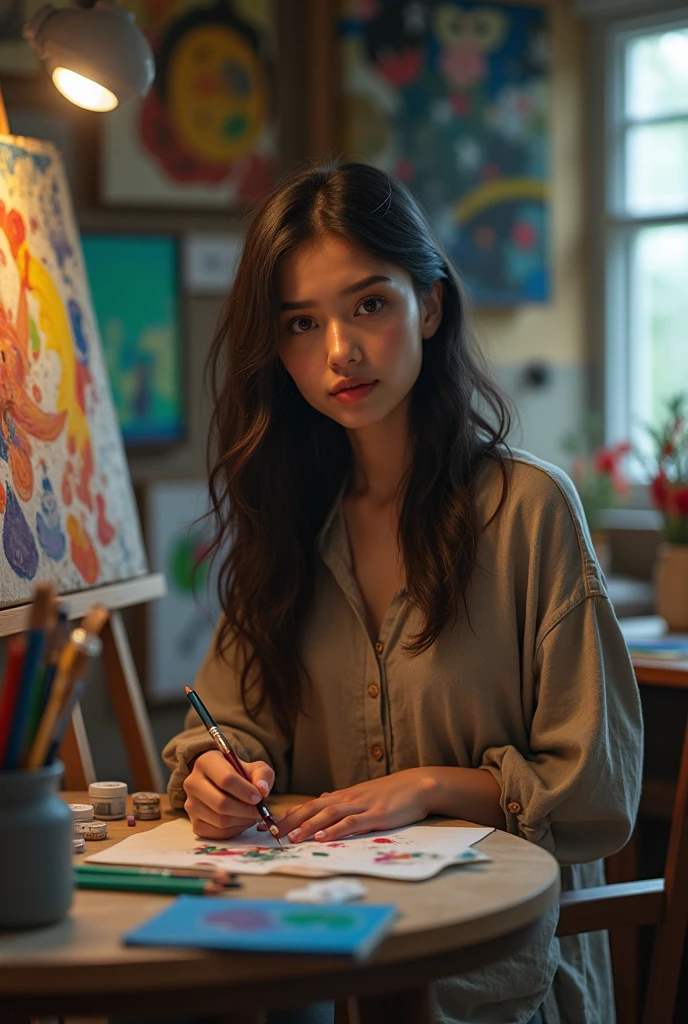Aaravi in her creative space, painting on a canvas with vibrant colors. The room should be filled with art supplies and finished paintings, showing her artistic side. Detailed face and eyes, high quality, 8k, photorealistic, dramatic lighting, cinematic composition, muted color palette