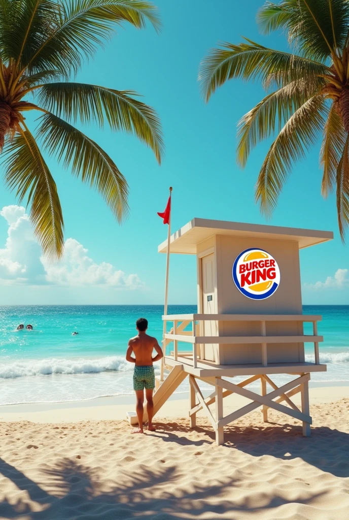 On the beach, Luminous Burger King logo hanging on lifeguard guardhouse, 8k, High Quality, Sunny Day, Sea, Vacation, lifeguard man