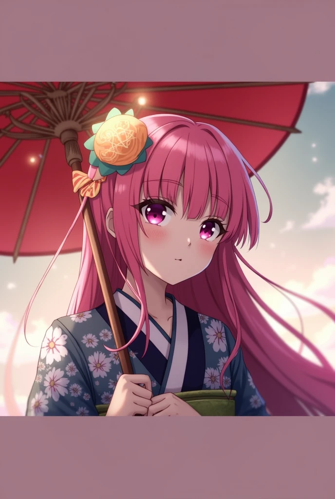 Kagura exorcist sweet smile with seimei umbrella in kimono pink hair