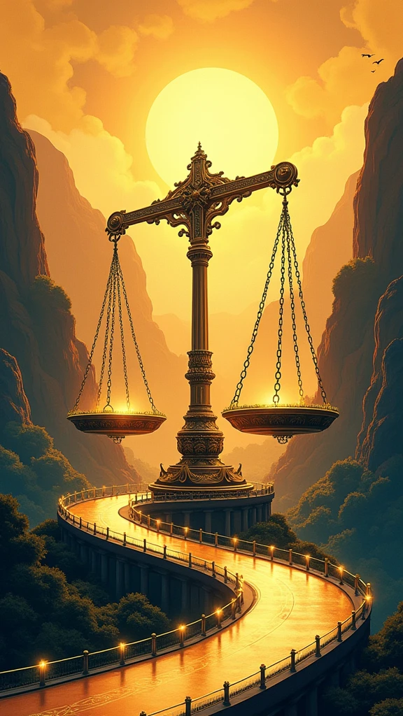 poster design,Huge scales,The road around the balance,Wealth Elements,Gold Tone,Illustration Design,Flat,Fractal Art,masterpiece