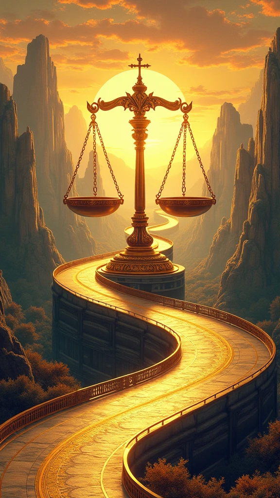 poster design,Huge scales,The road around the balance,Wealth Elements,Gold Tone,Illustration Design,Flat,Fractal Art,masterpiece