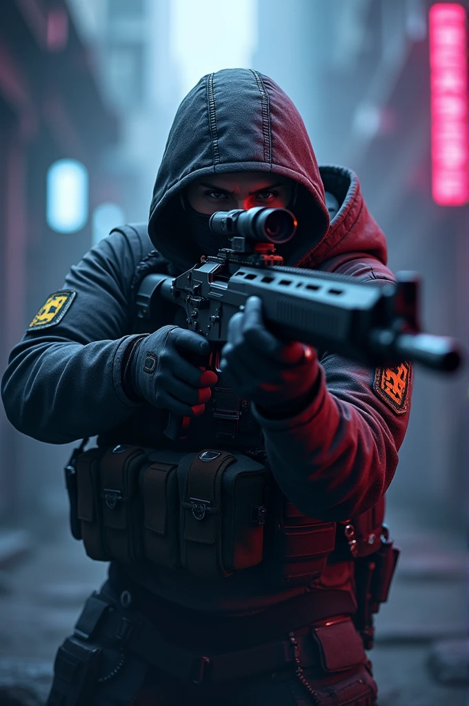 Game profile photo with a sniper character with a sniper rifle and the GW logo in the center of the image with blue purple and black colors