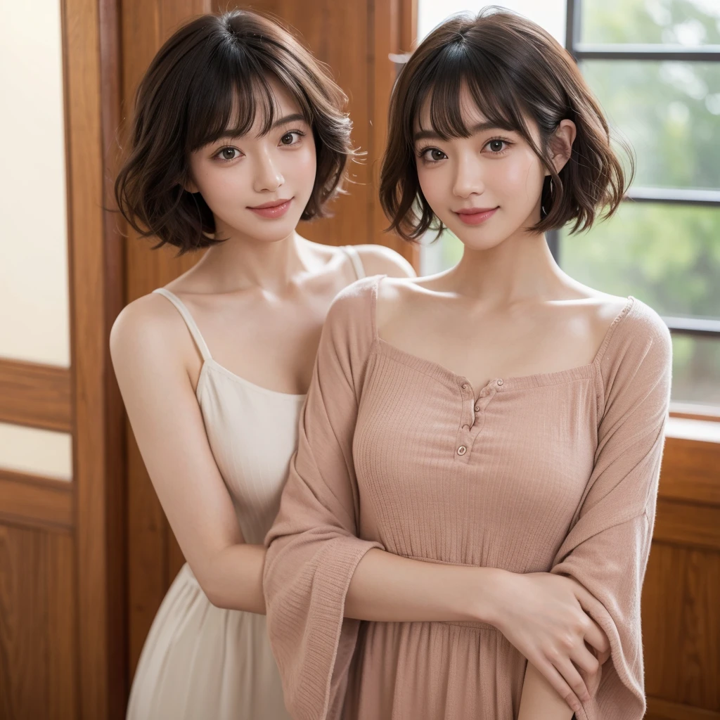 (Highest quality, masterpiece), One person, Intricate details, beautiful細部までこだわった顔, Trending Fashion, View your viewers, In town, blush, Open your mouth, Black Hair, short hair, Blunt bangs, Happy, Are standing, Cowboy Shot,solo, High resolution, smile, chest,Curly Hair, sexy,beautiful,cute,Dimples