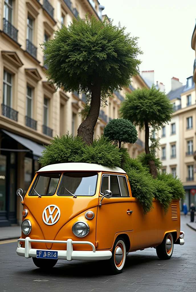 Artistic photography-style image of a vintage 1960s VW van modified into a pickup truck, with a vertical garden structure in the truck bed inspired by Gardens by the Bay. The garden features towering, tree-like structures with lush greenery cascading down, merging nature with futuristic design. The van is parked on a picturesque Parisian street, with elegant architecture in the background, capturing the contrast between the classic vehicle and the avant-garde garden. The scene is framed with soft lighting and rich textures, evoking a timeless yet contemporary atmosphere.