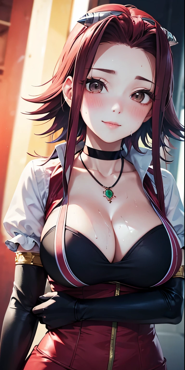 1 Female,High definition,high resolution,Ultra-realistic,8K, 8K, aki1, izayoi aki,choker,,solo, elbow gloves, gloves, jewelry, cleavage, necklace, black gloves,European,sexy,Upper body close-up,Photographed from the front,Dynamic Angles,(blush), big  , happy, wink the eye,facial, sweat,multicolored hair , red neon lights 