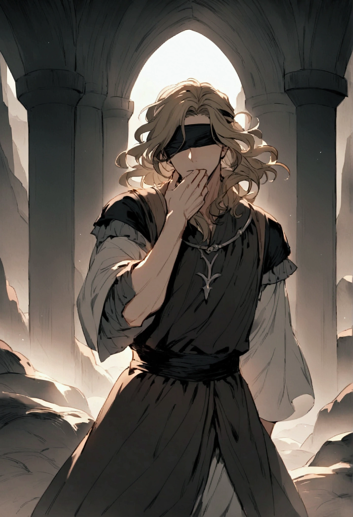 There is a man standing in a mountainous area. He is quite masculine, in his late twenties, and has medium shoulder length hair. His hair is thick and dark blonde, having a waviness to it and curls at the base of the neck. The top of the hair goes down to his mouth, and the back goes down just past the base of his neck. His hairstyle is a middle part flow, with layered hair. He has a trimmed beard. He wears a grey blindfold over his eyes. He also wears simplistic medieval clothing, looking somewhat like a Viking.