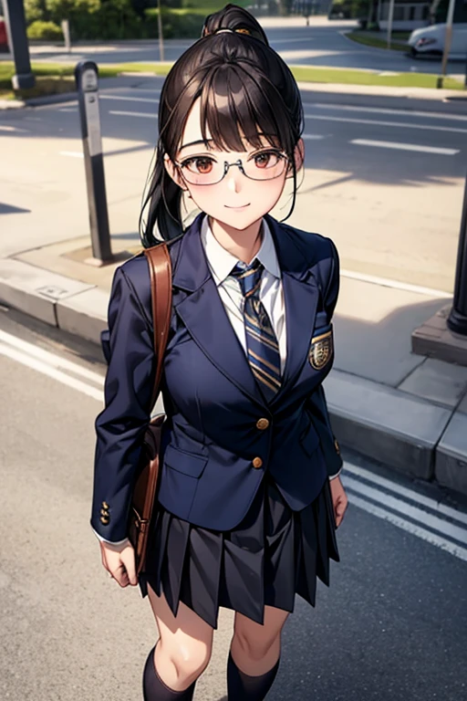 High-quality, ultra-realistic portraits、1 person、high school student、Japanese school uniform、Are standing、smile、looking at the camera、Detailed face、Smooth Skin、Black Hair、ponytail、Brown eyes、Glasses、Natural Makeup、Outdoor Background、custom school uniforms、White blouse with navy blue accents、Gold Button、Navy blue pleated skirt with white trim、Knee-length、Navy blue ribbon tie、white ankle socks、Black leather loafers、Navy blue blazer with gold school emblem on breast pocket、Matching navy blue school bag with gold trim