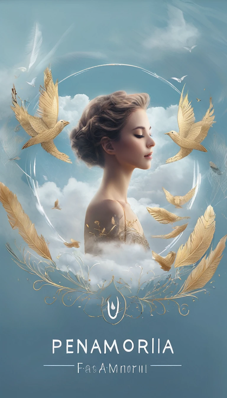 Create a professional, fantastic, cinematic dream-like logo design for a brand about music, stories, fantasy, memories and dreams called " Penamemoria". Masterpiece, 4k, sharp focus, highest quality,wide shot. The title is " Penamemoria". The brand is about the creative, unique, fantastic, dreamy, musical world of a boy and a feather. Minimalistic, simple, poetic, dreamy logo design at the center of the image. The Background image is soft blue sky with white clouds and full of feathers, unique birds. Logo design of a unique, creative, masterpiece logo of the face of a creative boy and a feather that represents memories. Make the logo white- light blue and golden