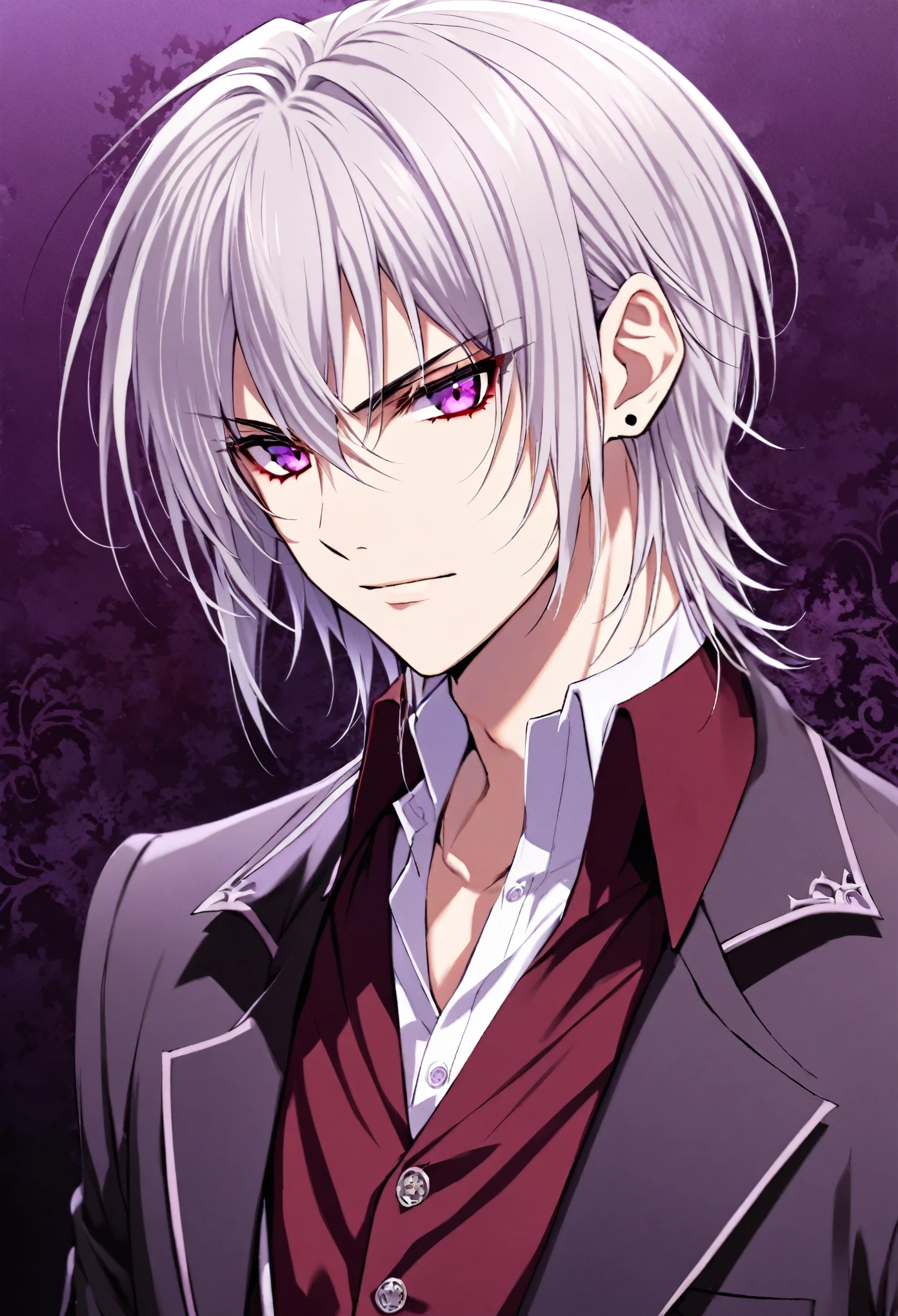 ((Zero Kiryu)), Vampire Knight, (1man), solo, tall young man, ((short straight hair)), ((ear length hair)), (silver hair), light purple eyes, 
