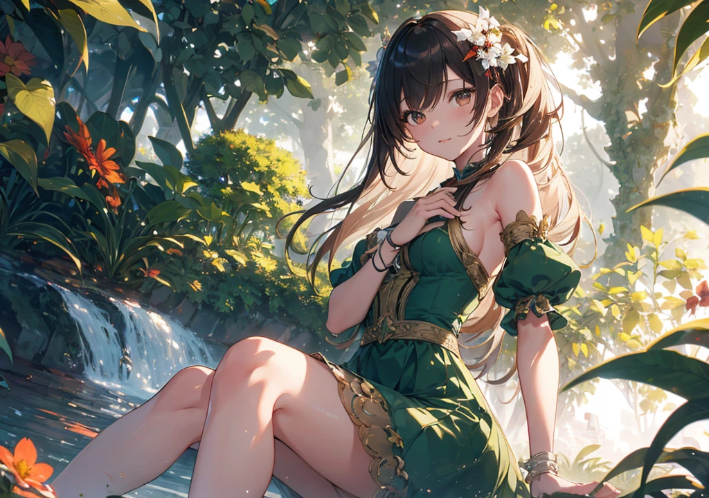 Realistic photos, Focus distance 10mm, Red and white, Beautiful girl, Realistic photos, Shooting at focus distance 10mm, masterpiece, 最high quality, high quality, Very detailed CG 8k wallpaper unit, Award-winning photography, Depth of written boundary, High resolution, bloom, chromatic aberration, Realistic, Very detailed, Art Station Trends, CGsociety Trends, Complex, High detail, dramatic, Art on the go, volumetric lighting, A beautiful girl in the style of Tiana is meditating in a tranquil garden in New Orleans, wearing a green dress and gazing serenely at the garden
