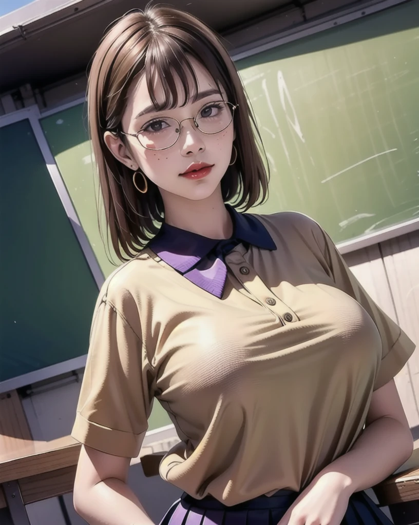 1 girl, 24 years old, japanese, 4K, masterpiece, realistic, shiny skin, texturized skin, long whavy brown hair with bangs, purple eyes, purple eyeliners, shining red lips, freckles, very large breasts, golden necklase, golden earings, big round glasses, unbottoned school uniform, boob tent, smile, closed mouth, bright colors, in a classroom, close up, face focus.