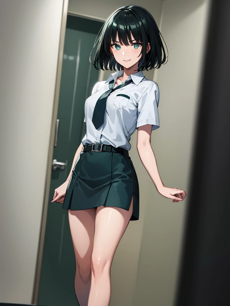 (high res, 8K, masterpiece, looking at viewer, best quality, very aesthetic, ultra detailed, ultra background, ultra Eyes) intricate details, 1girl, Fubuki, Chibi, small breast, short sleeved white shirt, Gray Blue short skirt, Pockets on the left chest, Gray Blue tie, Wearing a belt, dark green short hair, light green eyes, Smile Face, Background School Hallway, Cinematic Angle