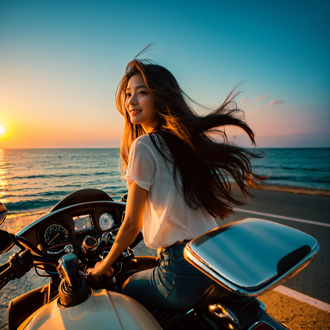 Beautiful woman with long hair riding a motorcycle towards the sea、evening、Beautiful sunset、Coastal Road、Photorealistic、4K、