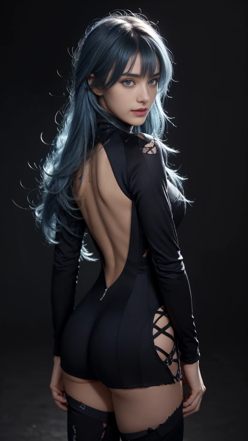 8K, Top Quality, Intricate Details, Ultra Detail, Ultra High Resolution, Masterpiece, close up shot, shot from behind, (Looking back), (full body: 1.1), Slender, Smile, smirk, (Makeup: 0.4), ,(( bangs, blue eyes, blue hair, bangs, , )), (Fluffy Eyes: 1.21), (()), 1girl, solo, 1 girl, (()), close up shot, , ((tall)), (((fit body))), (((slim face))), sharp face, ((walking pose)) ,(detailed face), sharp face, small lips, , ,(( ass , butt cheek,)) ,, ,
((, , wind blow hair, )), , ((skin tight suit, torn suit, ripped suit ,backless, )), detailed face, detailed breast, large breast, huge breast, detailed ass , detail nipples ,, Narrow Waist, Skinny, tall , 190 cm tall, Muscular, Navel, Exposed Abdomen, Pointed Chest,, Beautiful girl with accentuated slender abs: 1.4, Six Pack Abs: 1.4, , Perfect Body, detail legs, (( dark background)), black background,