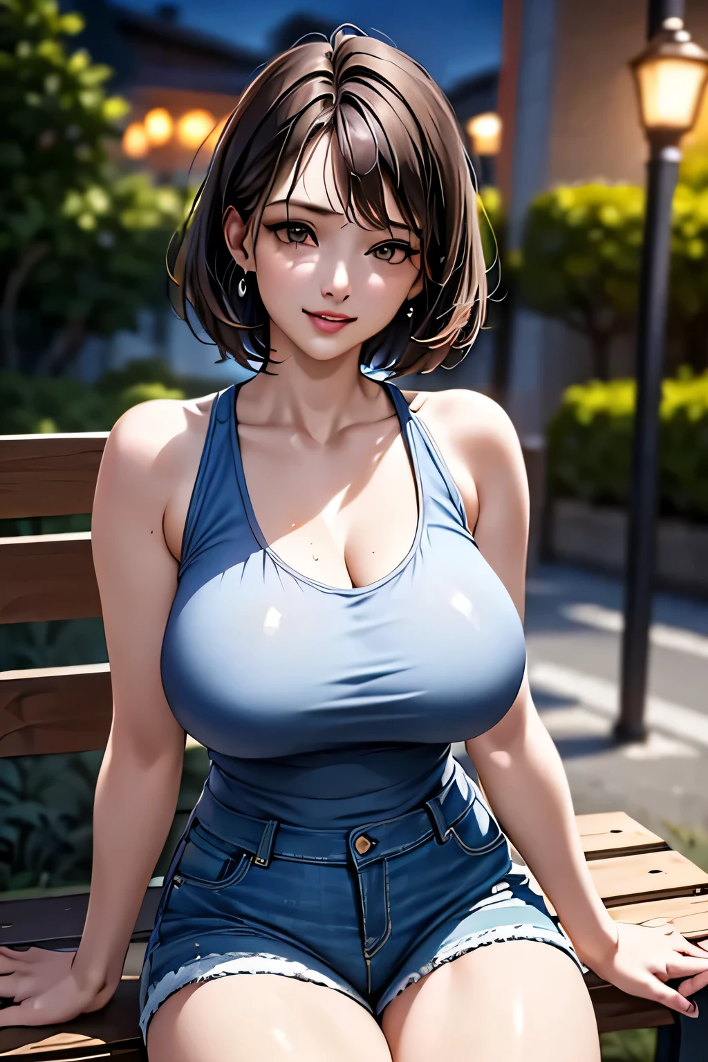 (1 Ultimate Beauty), Very detailedな顔, Beautiful brown eyes, double eyelid, Slightly thick detailed lip, Short black hair, Attractive and sexy, 48 years old, (Tank top, Tight jeans shorts:1.2), Big Breasts, Earrings, (night、Sitting on a bench on a public road), (From head to the hem of the skirt) ,8k, RAW Photos, Highest quality, masterpiece,Highest quality, Perfect lighting, (Realistic:1.4), (Very detailed), (Highest quality), (Best Shadow), (masterpiece), Ultra-high resolution