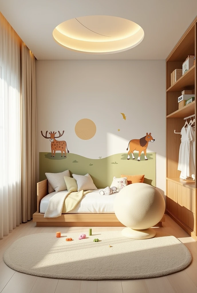 Professional 3d architecture rendering design of modern and light moss and so light Thunder and light cream and light orange wooden Modern and minimal design for chid bedroom and light cream carpet with animals painting and white painting wall and light wooden closet with animals painting and modern ceiling lighting and modern curtains for chid room and the child bed similar globe and safety chair for chid and many toys