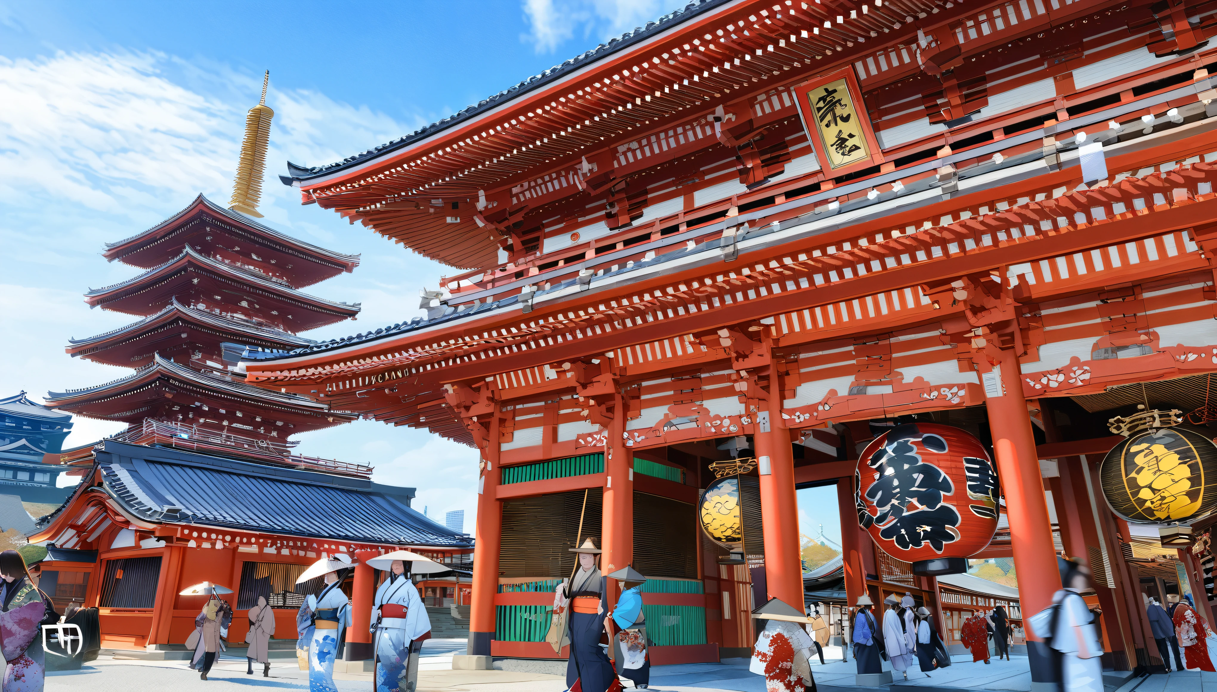 people々are walking around a big red building with a pagoda in the background, Japan travel and tourism, Japan sightseeing, Japan deeper travel exploration, Japanese temples, ancient Japanese architecture, Japan travel and adventure, Japanese temple, Tokyo, Tokyo Japan, Japanese city, Japanese architecture, feudal Japan, Japanese heritage, Japanese shrine, Kyoto, Tokyo prefecture, trend ,, Japan, traditional Japanese
