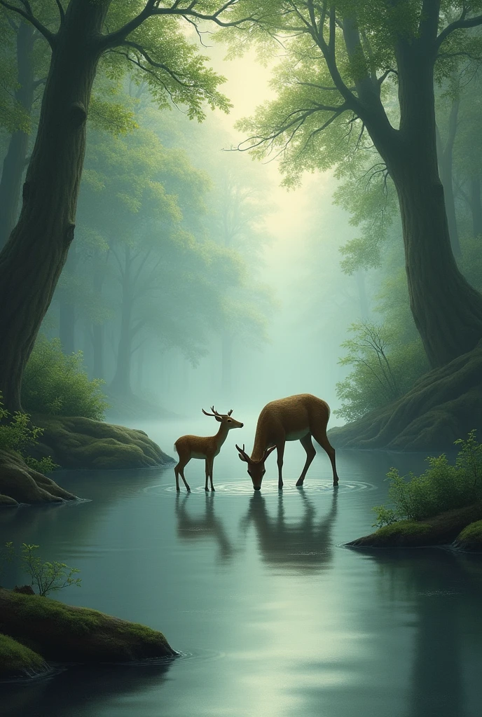 Painting of a lake surrounded by dense forest, fog, mother and baby deer drinking water in the lake