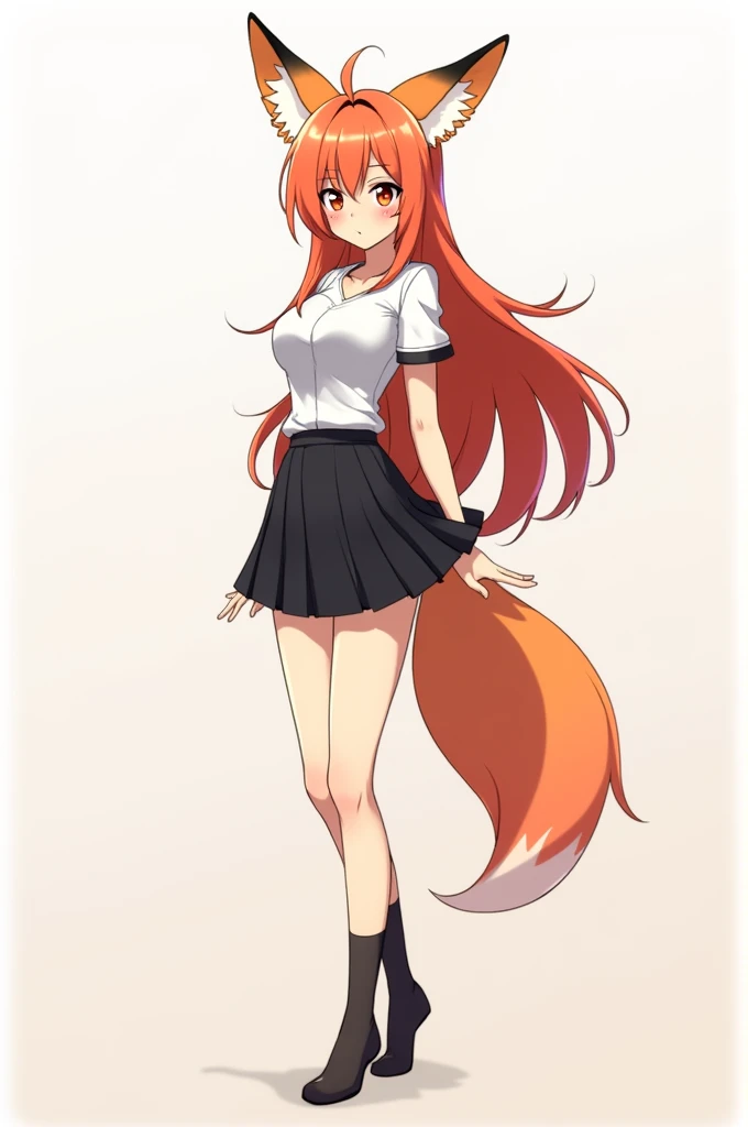Create an image of an anthropomorphic hentai fox the same size as an 18 year old human with long hair and a black miniskirt like I told you I wanted yesterday, 2D anime style 