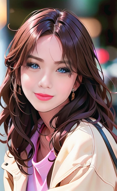 there is a woman with long brown hair and a pink shirt, kawaii realistic portrait, realistic cute girl painting, made with anime painter studio, photorealistic!!!!!!! art style, cartoon digital painting, digital anime illustration, realistic artstyle, realistic anime artstyle, portrait of female korean idol, cute portrait, [ 4 k digital art ]!!, detailed portrait of anime girl