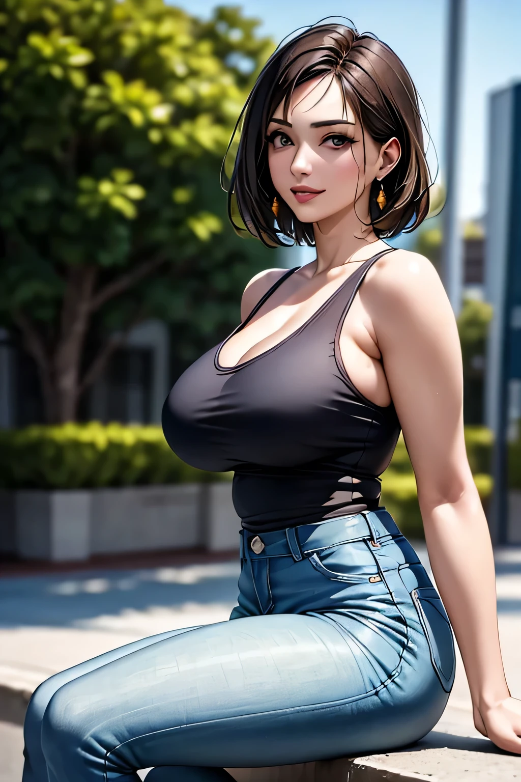 (1 Ultimate Beauty), Very detailedな顔, Beautiful brown eyes, double eyelid, Slightly thick detailed lip, Short black hair, Attractive and sexy, 48 years old, (Tank top, Tight jeans shorts:1.2), Big Breasts, Earrings, (night、Sitting on a bench on a public road), (From head to the hem of the skirt) ,8k, RAW Photos, Highest quality, masterpiece,Highest quality, Perfect lighting, (Realistic:1.4), (Very detailed), (Highest quality), (Best Shadow), (masterpiece), Ultra-high resolution