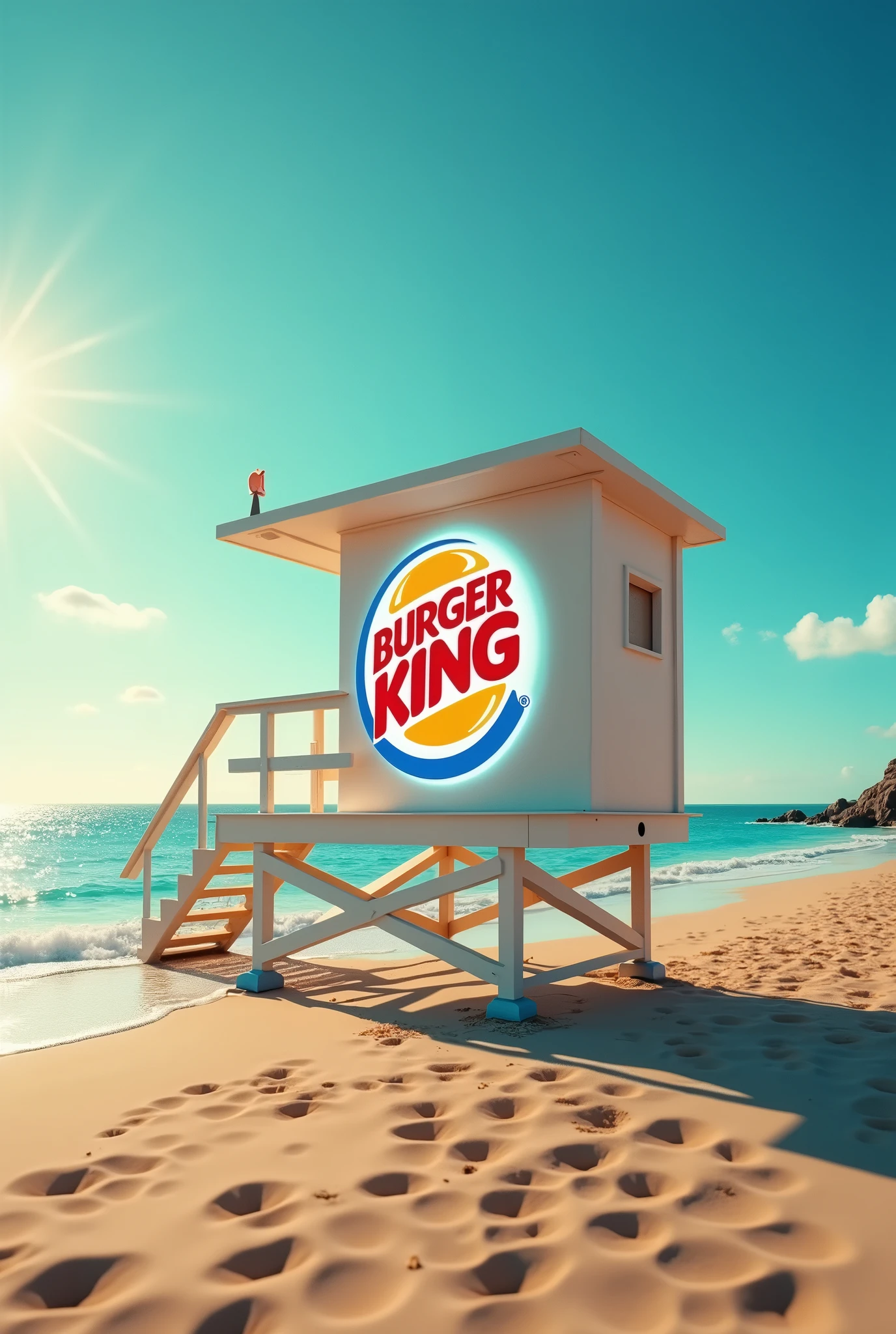 On the beach, Luminous Burger King logo hanging on  lifeguard guardhouse, 8k, High Quality, Sunny Day, Sea, Vacation