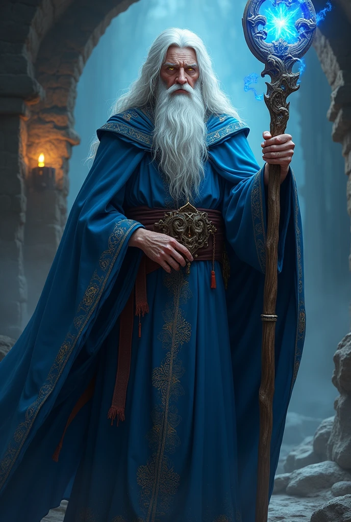 Male wizard in blue robe holding staff, LONG white hair, yellow  eyes, Age 30