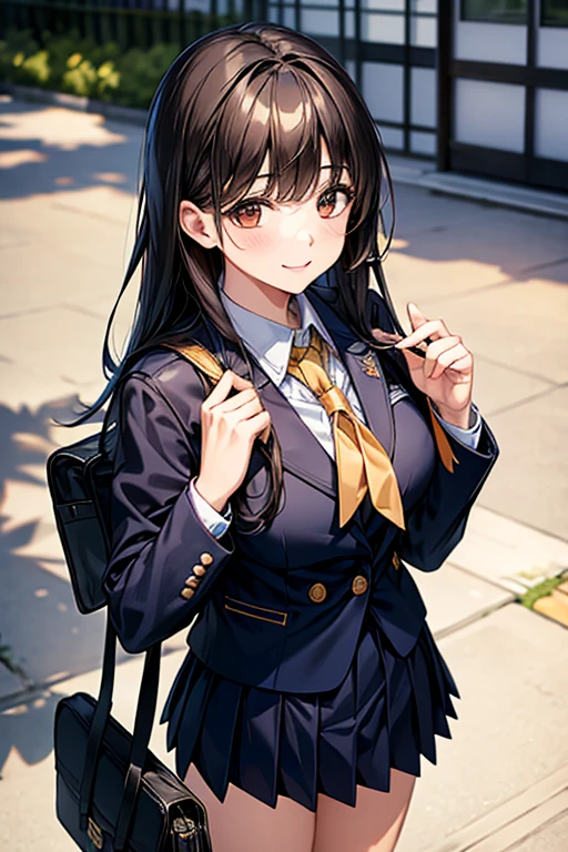 High-quality, ultra-realistic portraits、1 person、high school student、Japanese school uniform、Are standing、smile、looking at the camera、Detailed face、Smooth Skin、Long black hair、Straight Hair、Brown eyes、Big Breasts、Moderate thighs、Natural Makeup、Outdoor Background、custom school uniforms、White blouse with navy blue accents、Gold Button、Navy blue pleated mini skirt with white trim、Knee-length、Navy blue ribbon tie、white ankle socks、Black leather loafers、Navy blue blazer with gold school emblem on breast pocket、Matching navy blue school bag with gold trim