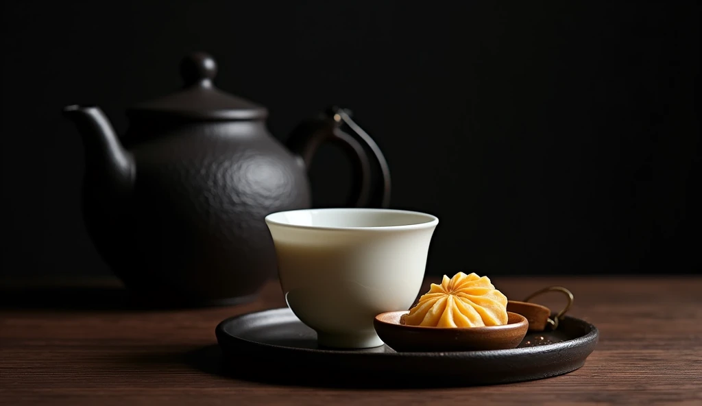 The elegant and refined tea ceremony brings a touch of pure tea charm,bloom in silence。Cast iron kettles are tempered over time,Forge a unique texture,Exuding a warm and moist atmosphere。Beautiful white porcelain cup,Delicate and smooth glaze,Just right to carry the fragrance of tea。There are two golden dishes on the plate、Fragrant mooncakes,,It forms a tranquil picture full of Zen。
Background gradient deep black,Enhance the texture of teaware,It feels like you are in a peaceful Zen tea space。Interlacing of light and shadow,Exuding the warmth and softness of the afternoon,Provides a comfortable and relaxing atmosphere。
The overall picture is minimalist but rich in layers,Elegance reveals a vague romantic charm。Meticulous photography techniques,Capturing the Zen and tranquility of the tea ceremony,Demonstrate high-quality visual experience。