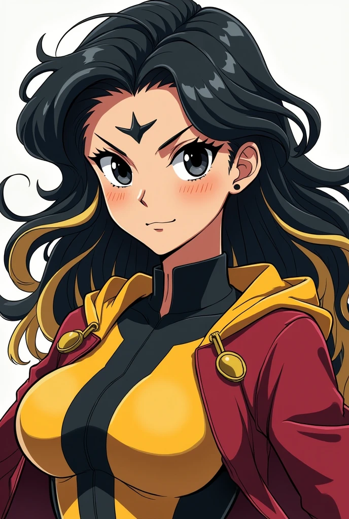 Make a female boku no hero academia character,king,with wavy black hair with long blonde strands (longer than the rest of the hair),black eyes,with good physique,with a winged mole on the nose,and a scar on the left side of the forehead