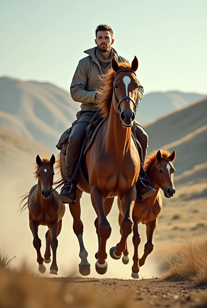 A man rides a running horse followed by two  horses