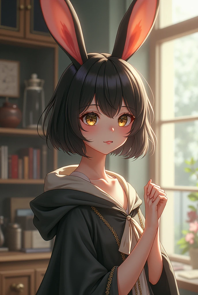 furry,anime girl, coelha, cute girl, human girl, rabbit ears, little red hiding hood, woman ,big boobs, black hair, tall , short hair , arms, antique clothes, short hair Short hair, short hair, little hair