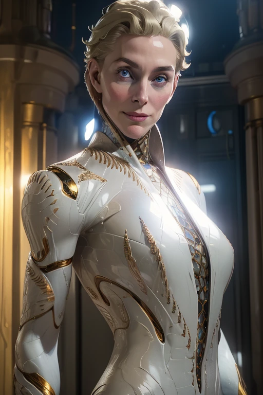 Tilda,white bodysuit,short blonde hair,blue eyes,
upper body,solo,standing,light smile,
upper body,
science fiction,museum,
(insanely detailed, beautiful detailed face, masterpiece, best quality),