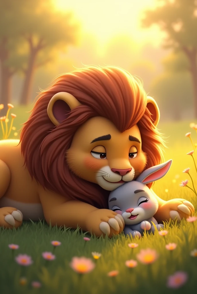 The atmosphere should be warm and serene, highlighting the bond forming between the lion and the rabbit.