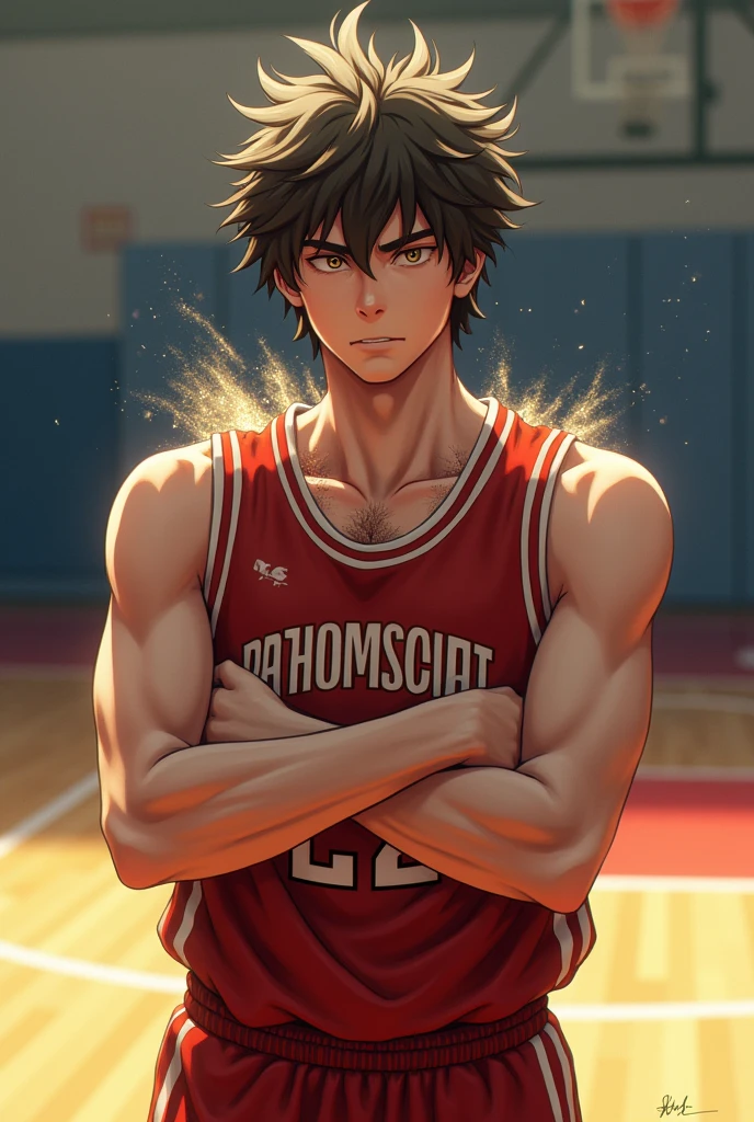 A high school student is playing basketball with both arms crossed and has a lot of hair under his armpits.