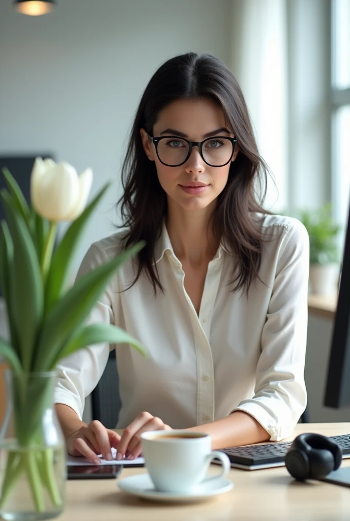 adult woman, semi-long dark hair, With glasses, sitting at a desk with a computer, a cup of coffee and a vase with a white tulip, a cell phone and headphones on the table