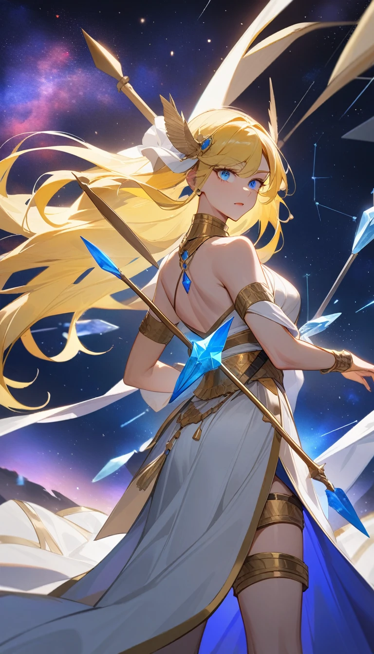 （Huang Li、high quality、Extremely detailed），Constellation-Sagittarius Goddess，Huge bow，The woman draws the bow and shoots an arrow.，Similar to Latin goodness，brave，capricious，Productivity，The face of enterprising and humanitarianism，Long yellow hair，Ancient Greek costumes、Wrap Dress，Dress conservatively，The background is a nebula，Crystal blue eyes（Eyes Details），Powerful appearance, Correct anatomy