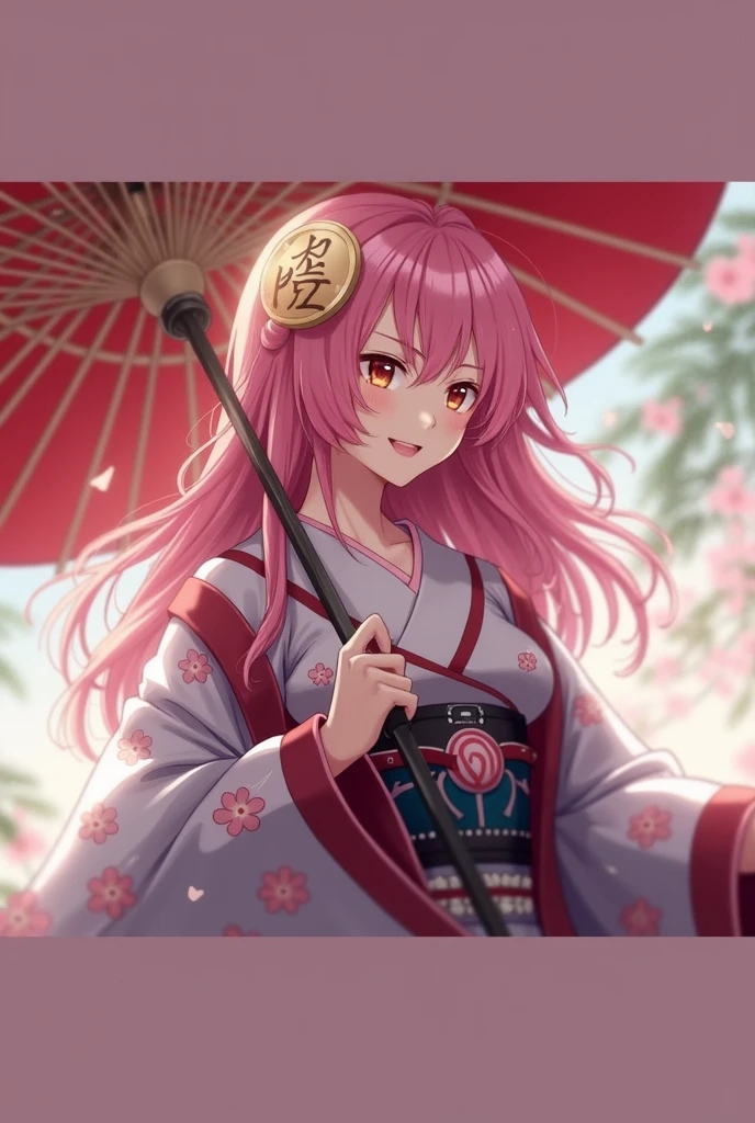 Kagura exorcist sweet smile with seimei umbrella in kimono pink hair