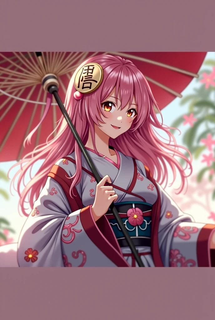 Kagura exorcist sweet smile with seimei umbrella in kimono pink hair