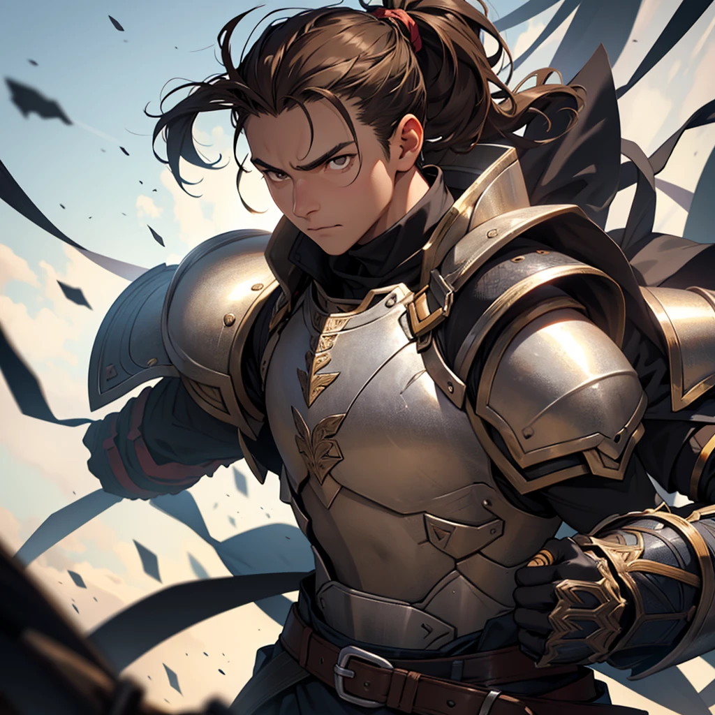 Young-faced man, adult, athletic body, He wore warrior armor, Brown hair, short, messy and tied in a short ponytail, big silver eyes, dark complexion, defiant look