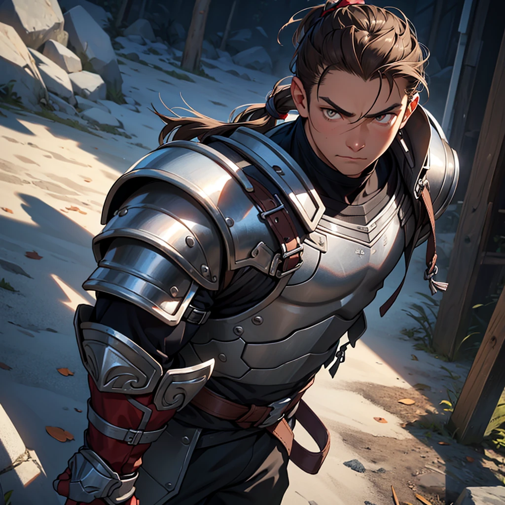 Young-faced man, adult, athletic body, He wore warrior armor, Brown hair, short, messy and tied in a short ponytail, big silver eyes, dark complexion, defiant look