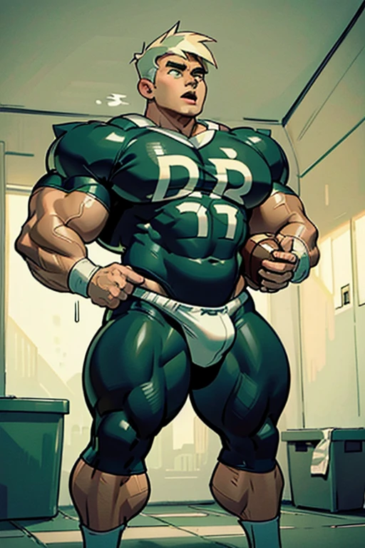 Danny Phantom, ghost, hypnosis, jock, conversion, locker room hallway, hyper muscles, jockstrap, bro, meathead, hypnotized, brainwashed, brainwashing, big dumb jock, football. Danny Fenton is hypnotized by Dash to assimilate and become another dumb cocky smirking fitness-obsessed bodybuilder football jock bro. Glowing green eyes. Hyper swollen crotch bulge. Massive bulging crotch. Big balls. Big biceps. Big triceps. Big traps. Broad shoulders. Big meaty pecs. Big thighs. Thick glutes. Football team assimilation. Black hair. Deep dull voice. glazed expression. dumber and dumber. Open mouth. Clothes turning into a football uniform. Forgetting. Number 16 on his football uniform. IQ drain. Mindless. Brainless. Brute. Brutification. "I feel like I ... I ... I'm a ... I'm a .... Yes, ... just a meathead jock.... just muscle ... and meat.... Bro.... I am a meathead.... I am a bro.... I am a jock.... I am a meathead.... I am a bro.... I am a jock.... Anything you say, Dash.... Obey ... the QB.... I am a jock. I am a meathead.... I obey ... my QB. Big meat. Dumb bro. Jock meat ... must grow.... Run fast.... Think ... slow...."