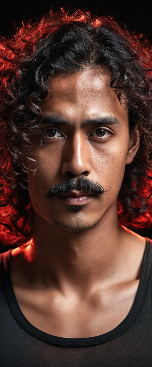 hyper realistic image ,ultra detail,Indonesian man,long wavy curly hair that falls to the shoulders,thin mustache,big eyes,wearing a black singlet,half body,face looking focused at camera,black gradient background ,rustic red,smoke effect,ultrahd,image quality,perfect skin,